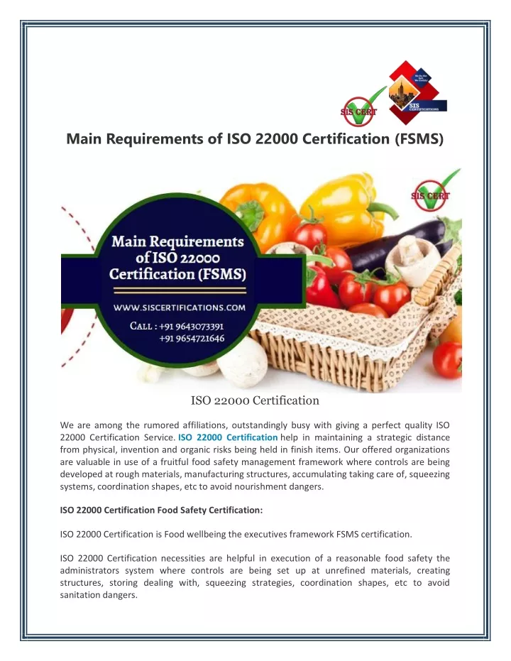 main requirements of iso 22000 certification fsms
