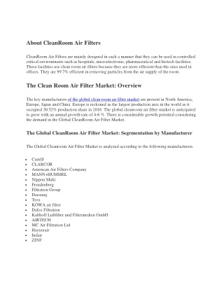 The Global Clean Room Air Filter Market Research