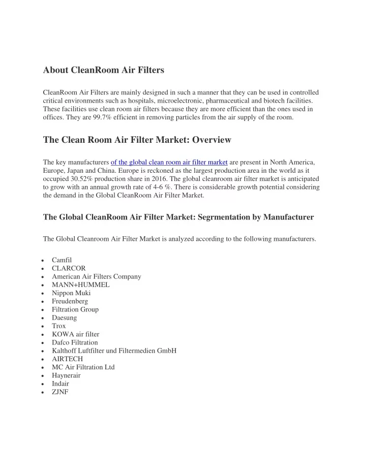 about cleanroom air filters