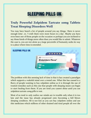 Truly Powerful Zolpidem Tartrate 10mg Tablets Treat Sleeping Disorders Well