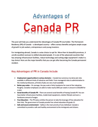 Advantages of Canada PR