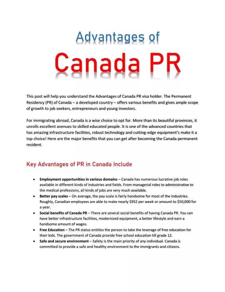 advantages of canada pr