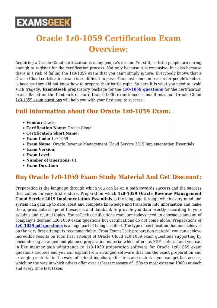 oracle 1z0 1059 certification exam overview
