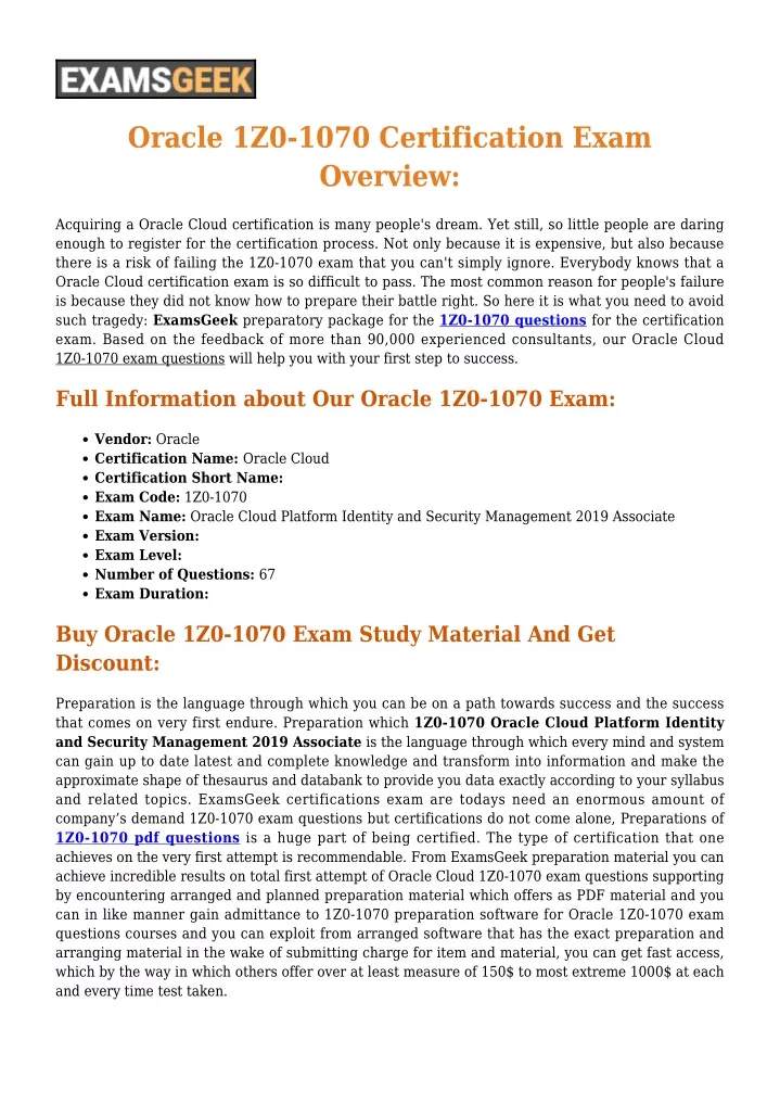 oracle 1z0 1070 certification exam overview