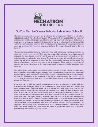 Do You Plan to Open a Robotics Lab in Your School?