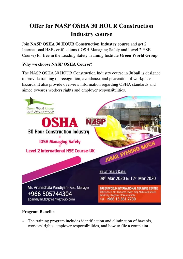 offer for nasp osha 30 hour construction industry