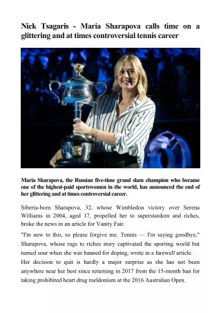 Nick Tsagaris - Five-time Grand Slam champion Maria Sharapova calls time on glittering career