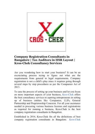 Company Registration Consultants in Bangalore - Tax Auditors in HSR Layout - Kros Chek Consultancy Services