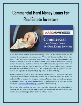 Commercial Hard Money Loans For Real Estate Investors