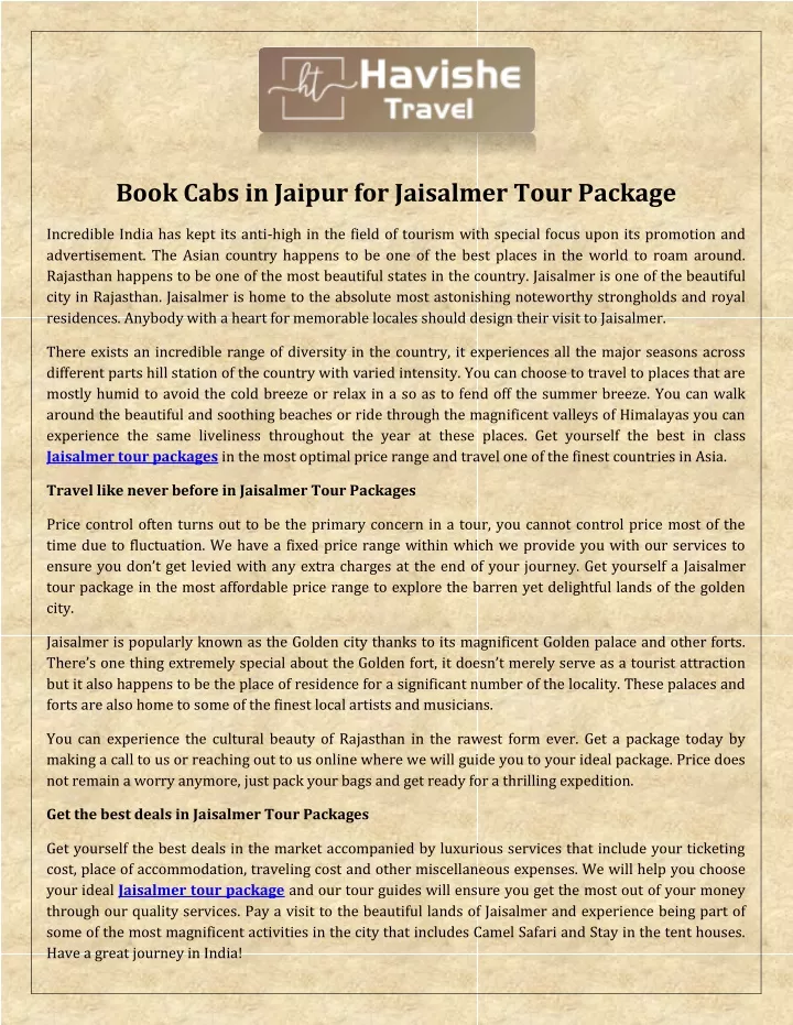 book cabs in jaipur for jaisalmer tour package