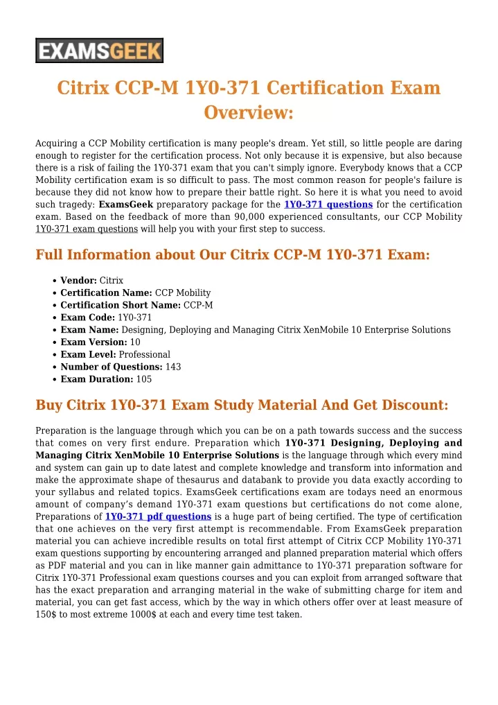 citrix ccp m 1y0 371 certification exam overview