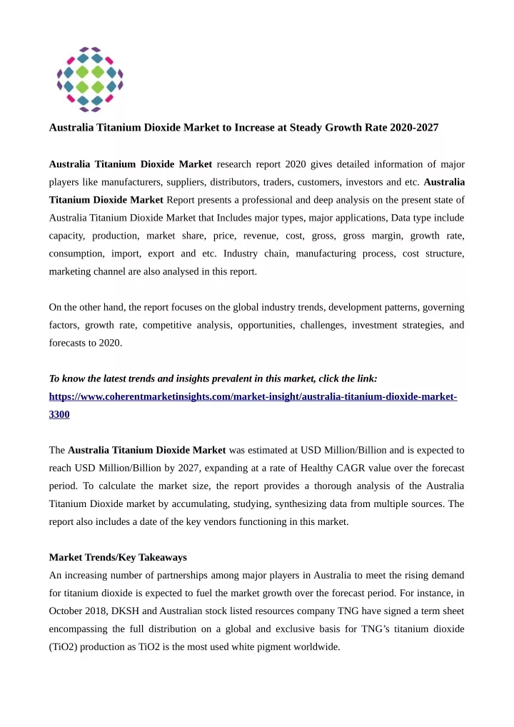 australia titanium dioxide market to increase