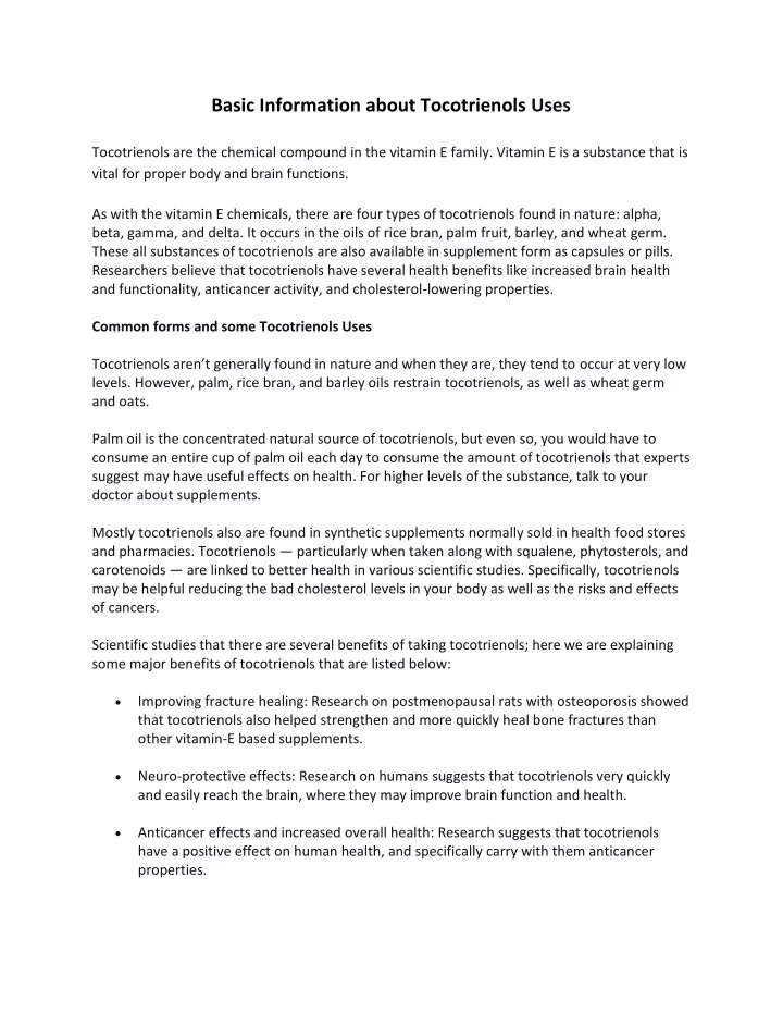 basic information about tocotrienols uses