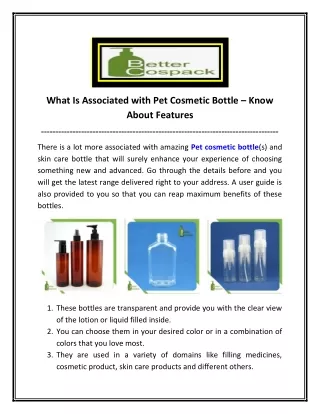 What Is Associated with Pet Cosmetic Bottle – Know About Features