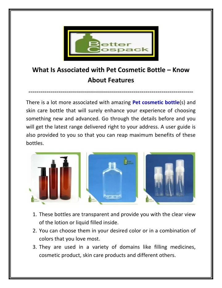 what is associated with pet cosmetic bottle know