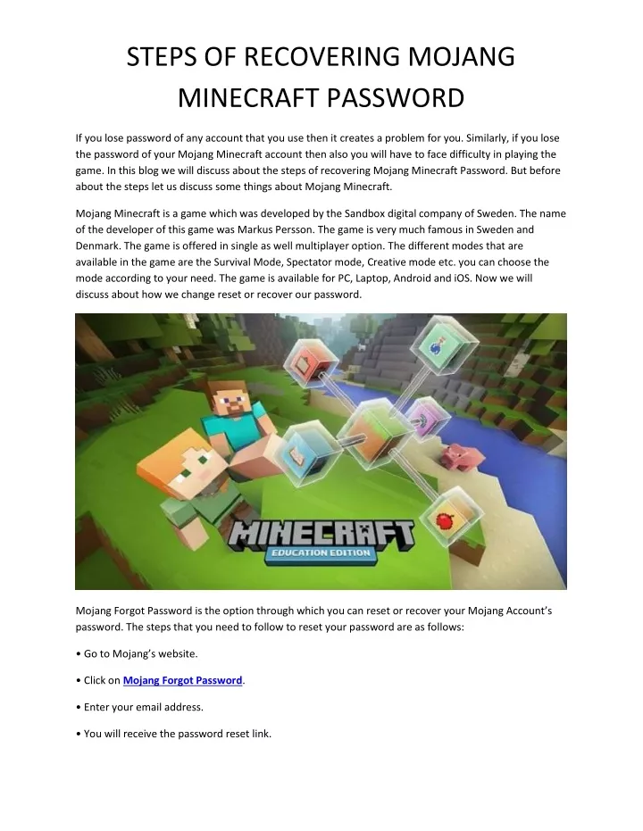 steps of recovering mojang minecraft password