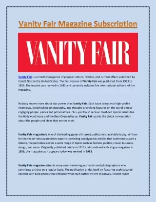 vanity fair is a monthly magazine of popular