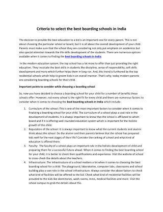 Criteria to select the best boarding schools in India