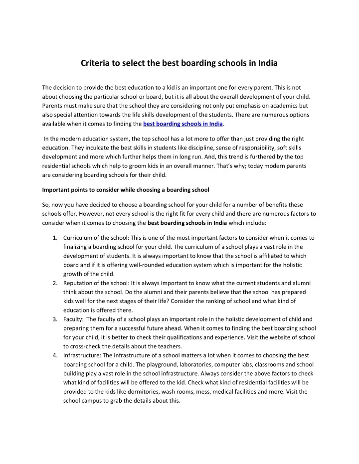 criteria to select the best boarding schools
