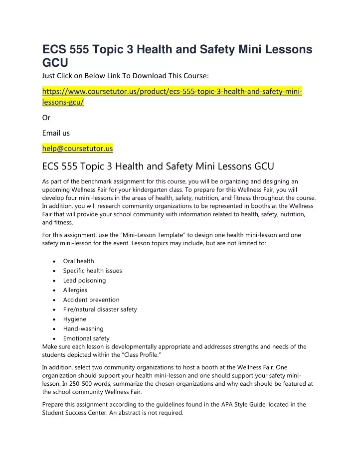 ecs 555 topic 3 health and safety mini lessons