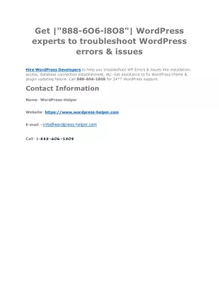 Get |"888-6O6-l8O8"| WordPress experts to troubleshoot WordPress errors & issues