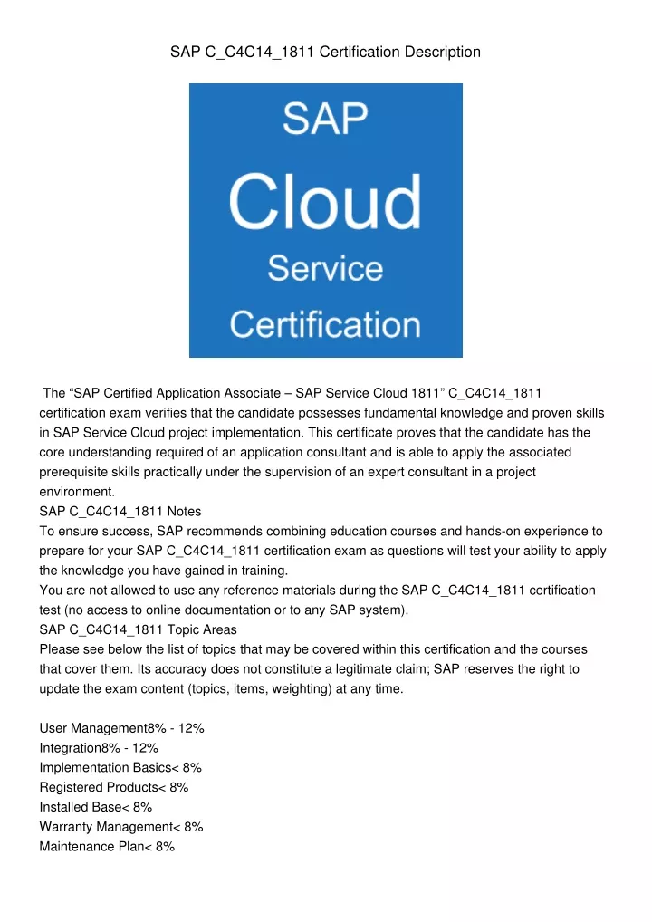 sap c c4c14 1811 certification description