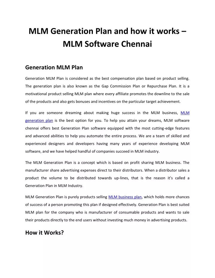 mlm generation plan and how it works mlm software