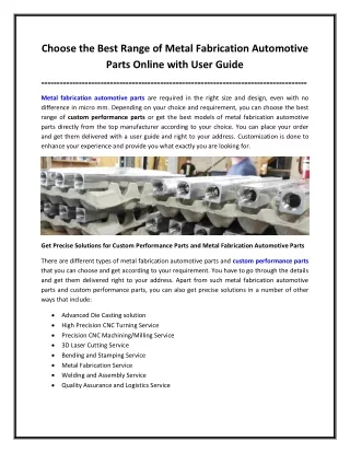 Choose the Best Range of Metal Fabrication Automotive Parts Online with User Guide