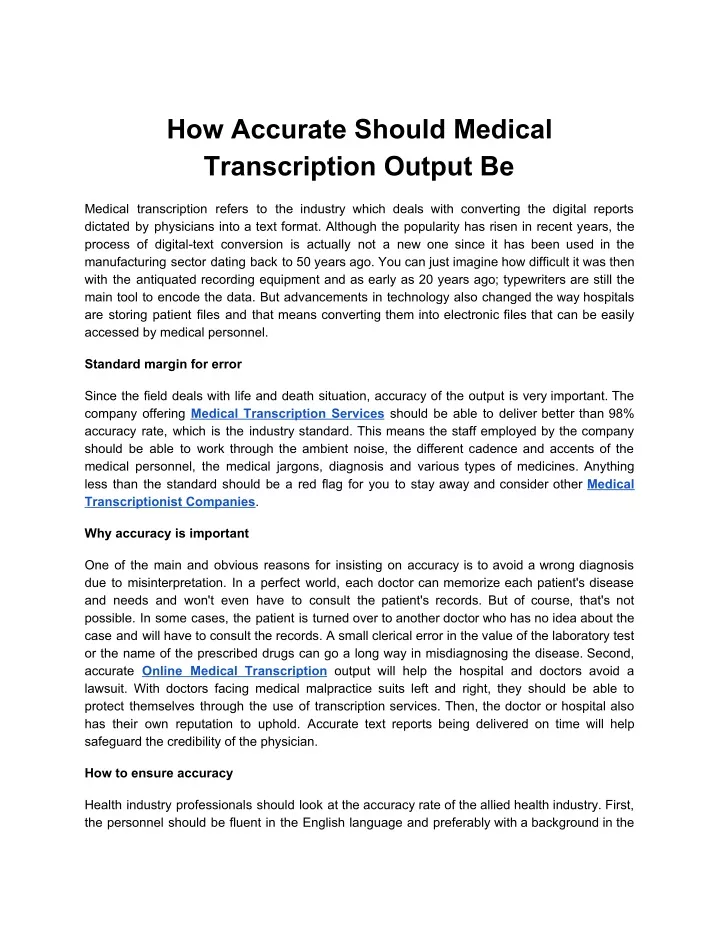 how accurate should medical transcription output