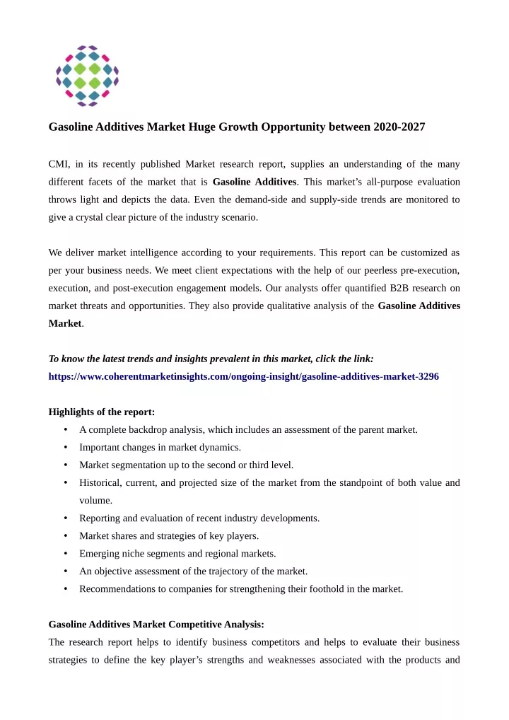 gasoline additives market huge growth opportunity