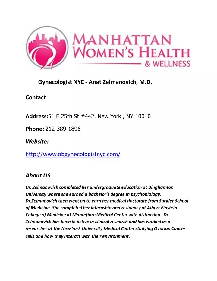 gynecologist nyc anat zelmanovich m d contact