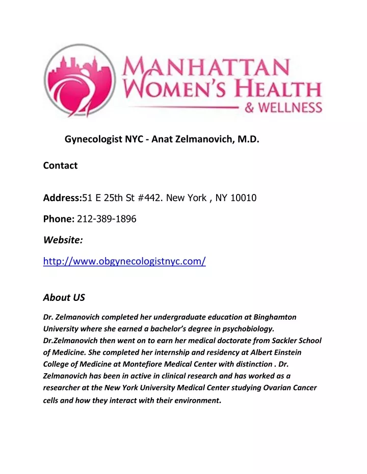 gynecologist nyc anat zelmanovich m d