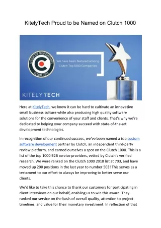 KitelyTech Proud to be Named on Clutch 1000