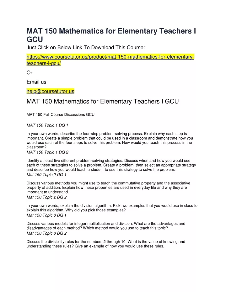 mat 150 mathematics for elementary teachers