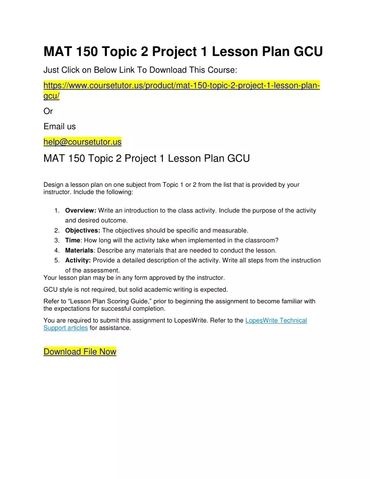 mat 150 topic 2 project 1 lesson plan gcu