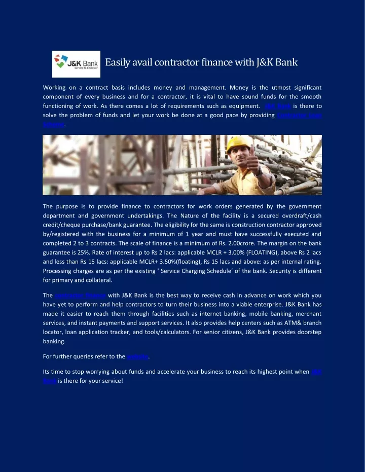 easily avail contractor finance with j k bank