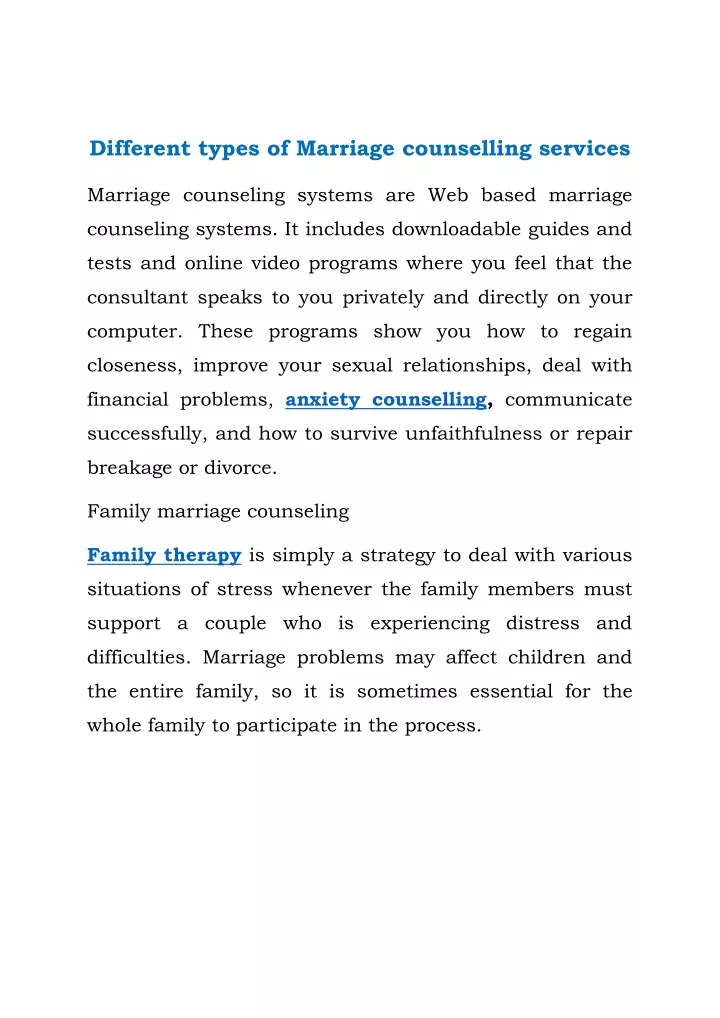 different types of marriage counselling services