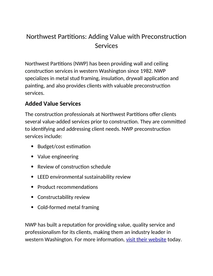 northwest partitions adding value with