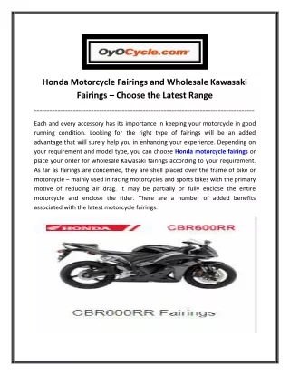 Honda Motorcycle Fairings and Wholesale Kawasaki Fairings – Choose the Latest Range