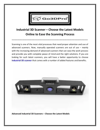 Industrial 3D Scanner – Choose the Latest Models Online to Ease the Scanning Process