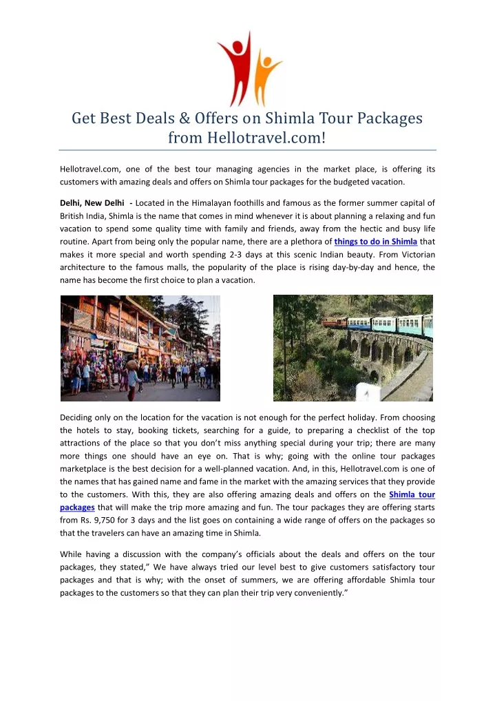 get best deals offers on shimla tour packages