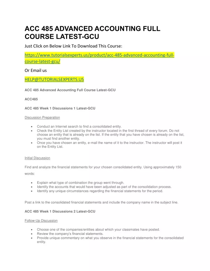 acc 485 advanced accounting full course latest gcu