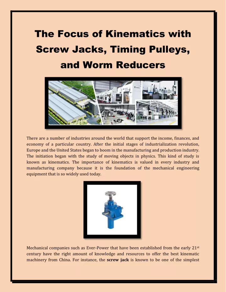the focus of kinematics with screw jacks timing