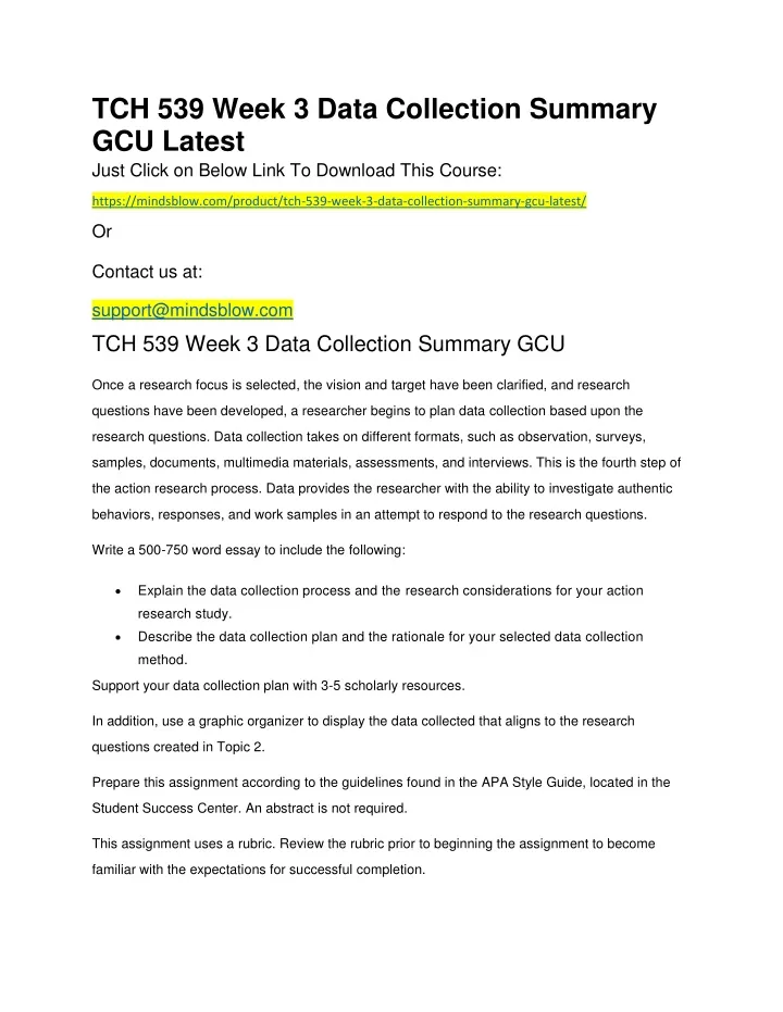 tch 539 week 3 data collection summary gcu latest