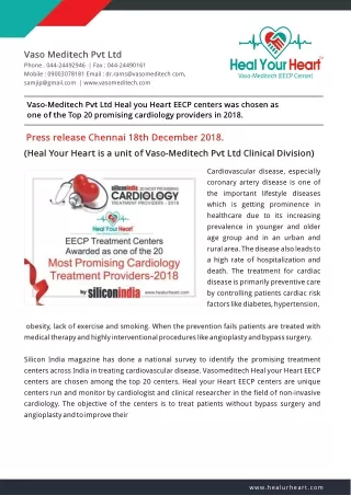 Vaso-Meditech Pvt Ltd Heal You Heart EECP Centers Was Chosen As One Of The Top 20 Promising Cardiology Providers In 2018