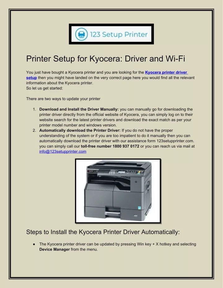 printer setup for kyocera driver and wi fi