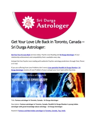 Get Your Love Life Back in Toronto, Canada – Sri Durga Astrologer: