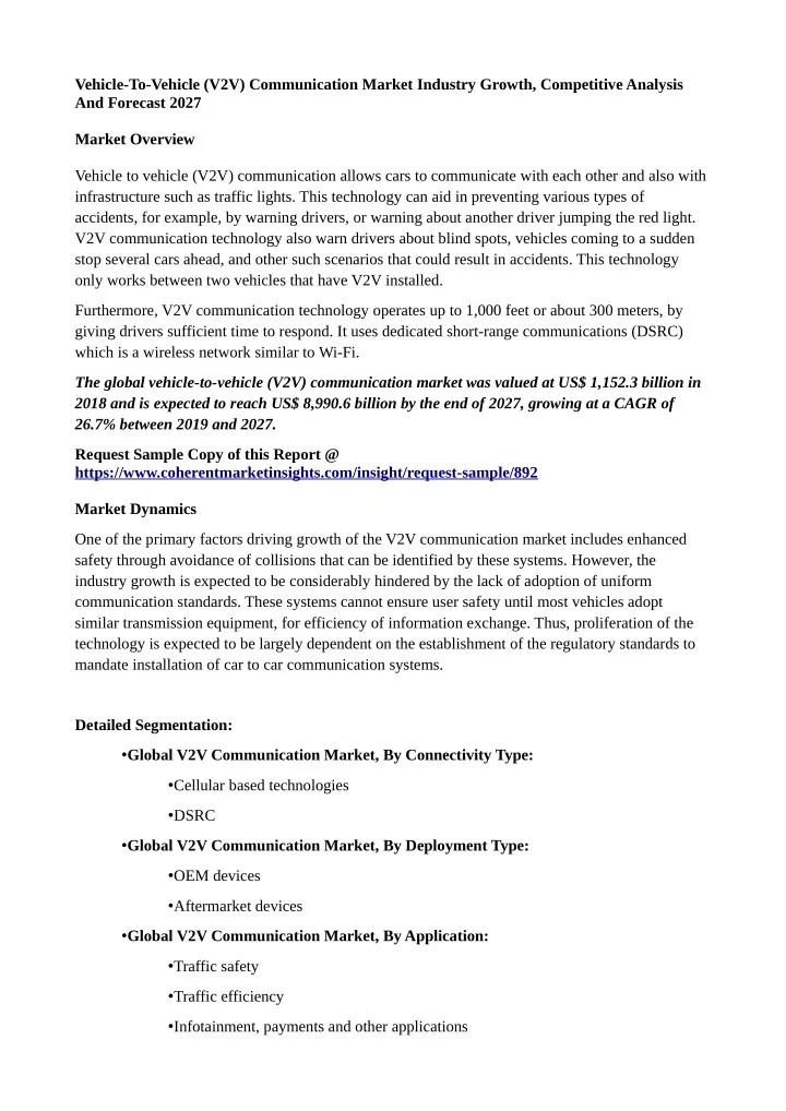 vehicle to vehicle v2v communication market