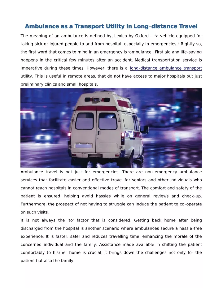 ambulance as a transport utility in long distance
