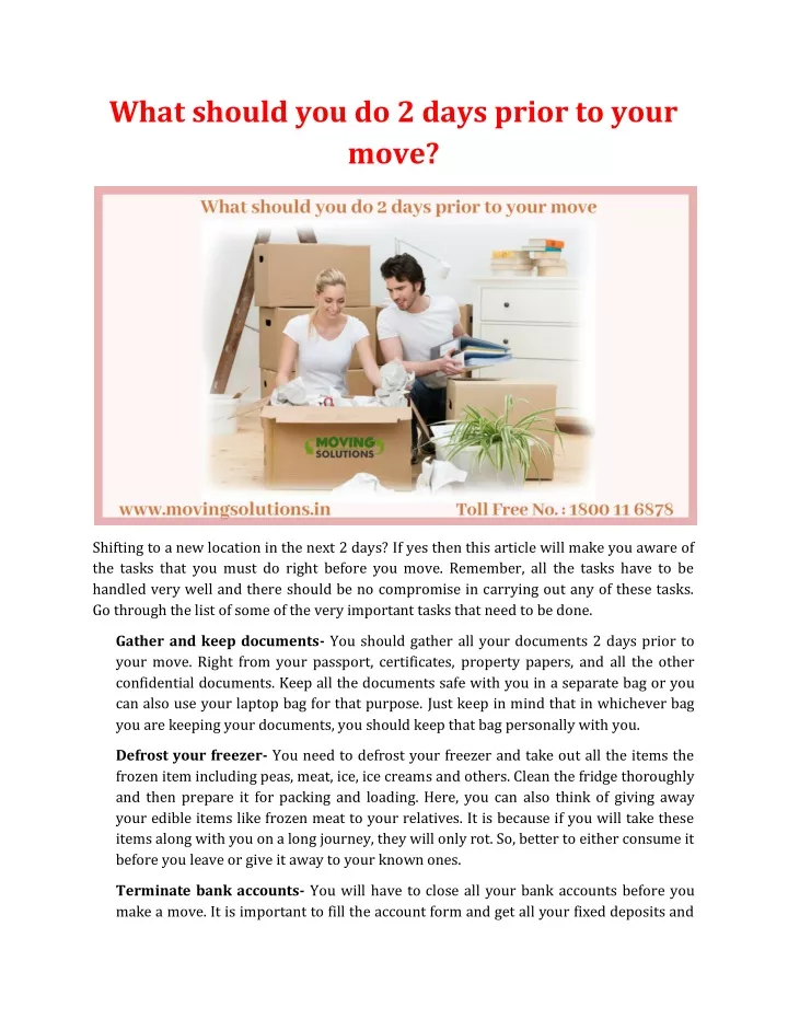 what should you do 2 days prior to your move